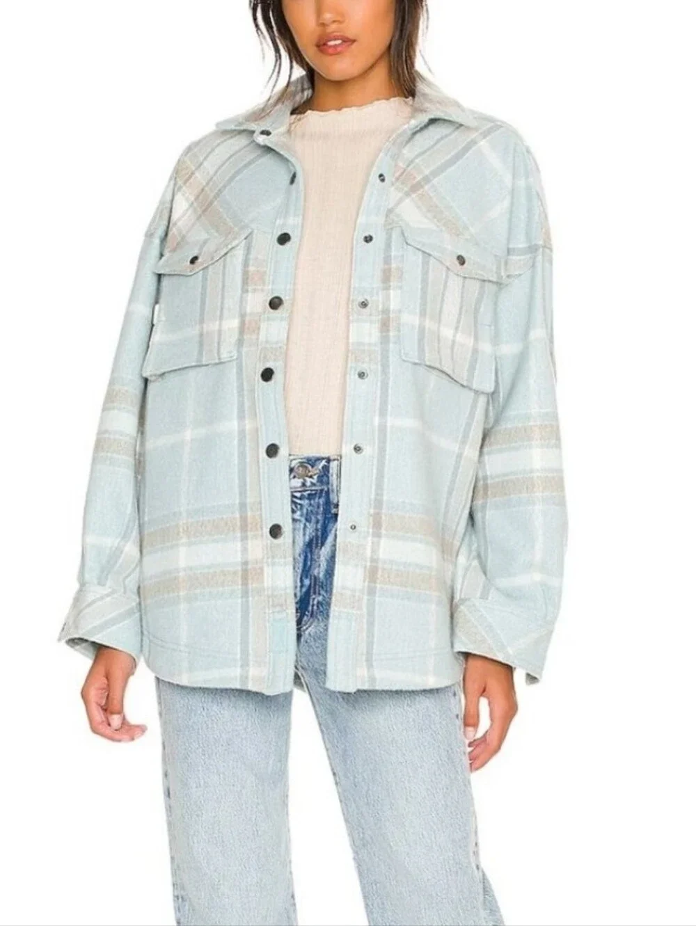 Free People Light Blue Plaid Utility Shacket